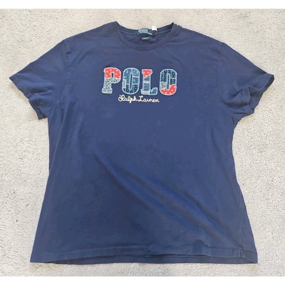 Polo Ralph Lauren T-shirt Mens Size XL Blue Patchwork Crew Blue SS Logos